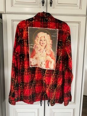 Red Plaid Jean-Style Jacket with Graphic Back